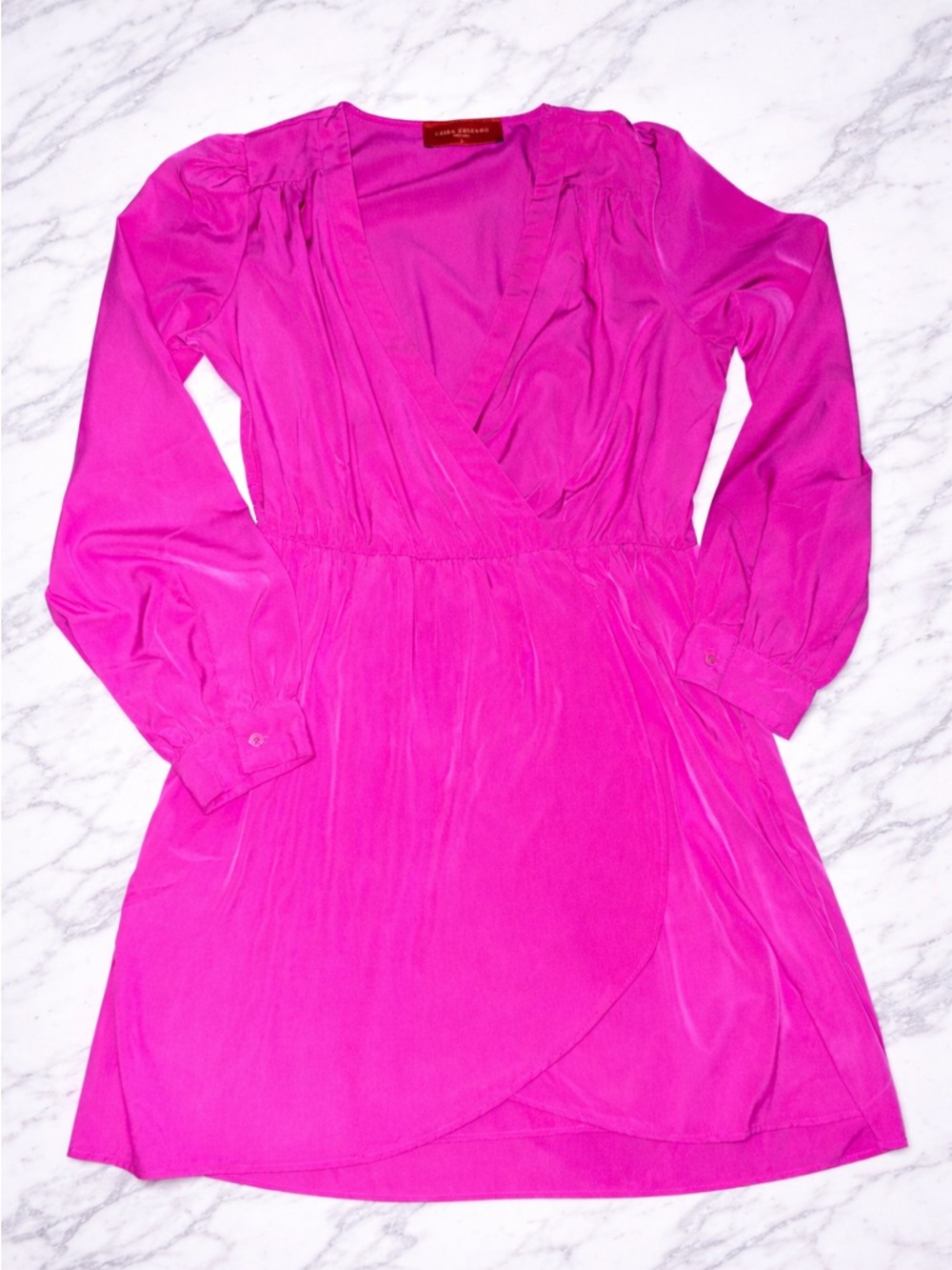 AKIRA Chicago Hot Pink Satin Wrap Dress L | Long Sleeve Mini Dress